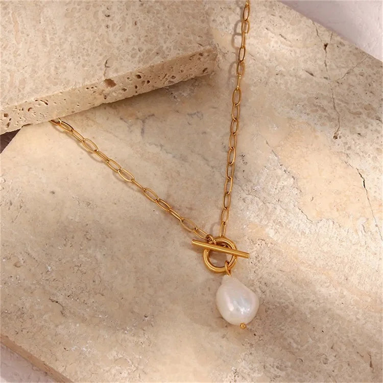 Baroque Pearl Toggle Necklace – 14K Gold Plated on Stainless Steel
