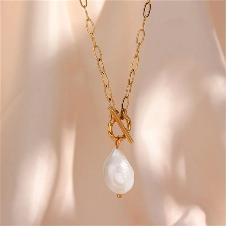 Baroque Pearl Toggle Necklace – 14K Gold Plated on Stainless Steel