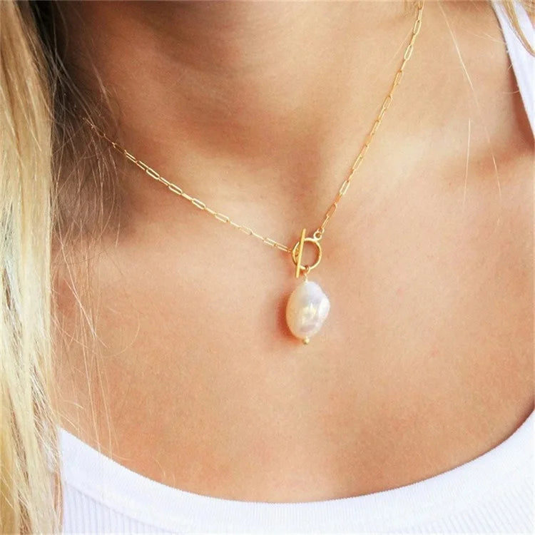 Baroque Pearl Toggle Necklace – 14K Gold Plated on Stainless Steel