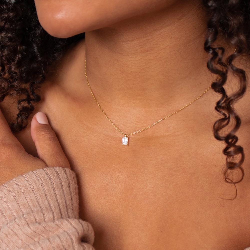 Rectangular Zirconia Pendant Necklace – 14K Gold Plated on Stainless Steel