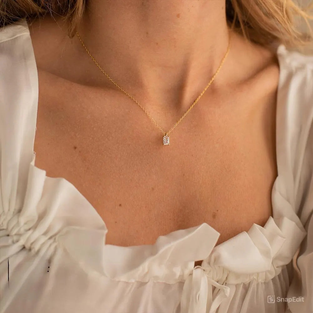 Rectangular Zirconia Pendant Necklace – 14K Gold Plated on Stainless Steel