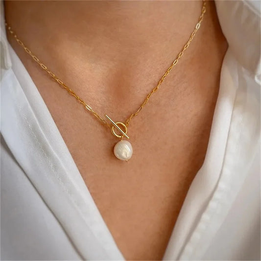 Baroque Pearl Toggle Necklace – 14K Gold Plated on Stainless Steel