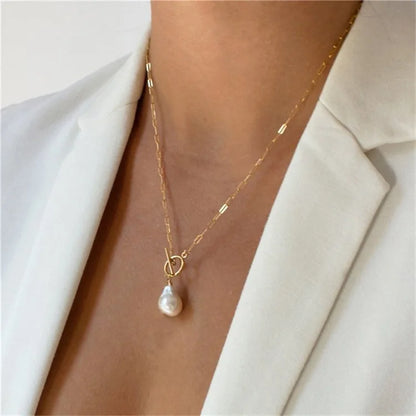 Baroque Pearl Toggle Necklace – 14K Gold Plated on Stainless Steel