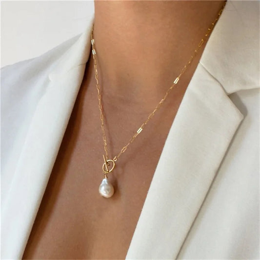 Baroque Pearl Toggle Necklace – 14K Gold Plated on Stainless Steel