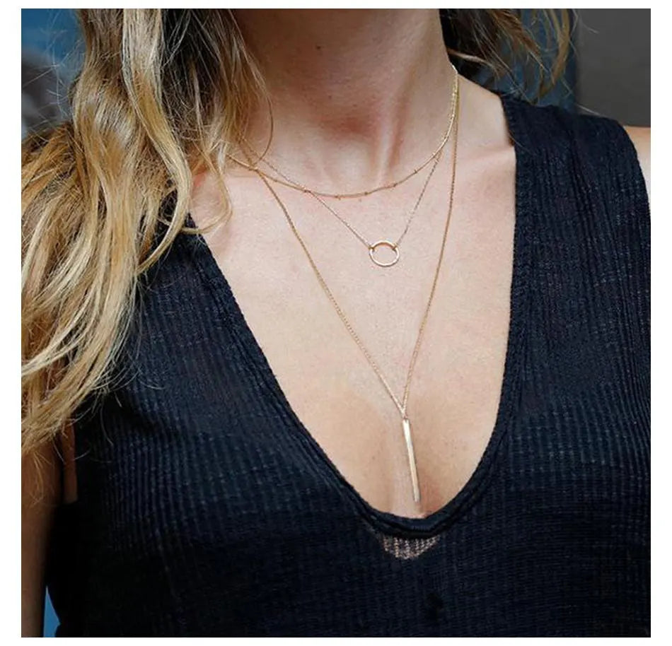 Layered Geometric Pendant Necklace Set (3pcs) – 14K Gold Plated on Stainless Steel