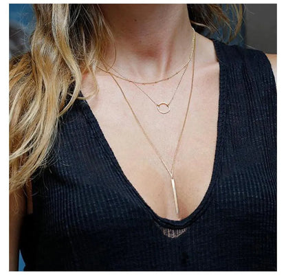 Layered Geometric Pendant Necklace Set (3pcs) – 14K Gold Plated on Stainless Steel