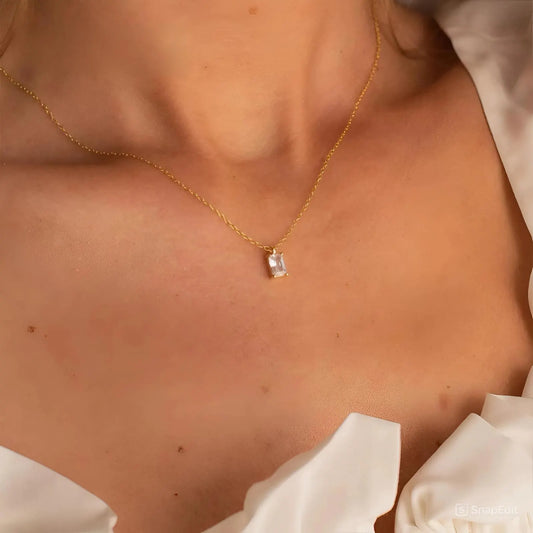 Rectangular Zirconia Pendant Necklace – 14K Gold Plated on Stainless Steel