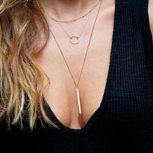 Layered Geometric Pendant Necklace Set (3pcs) – 14K Gold Plated on Stainless Steel
